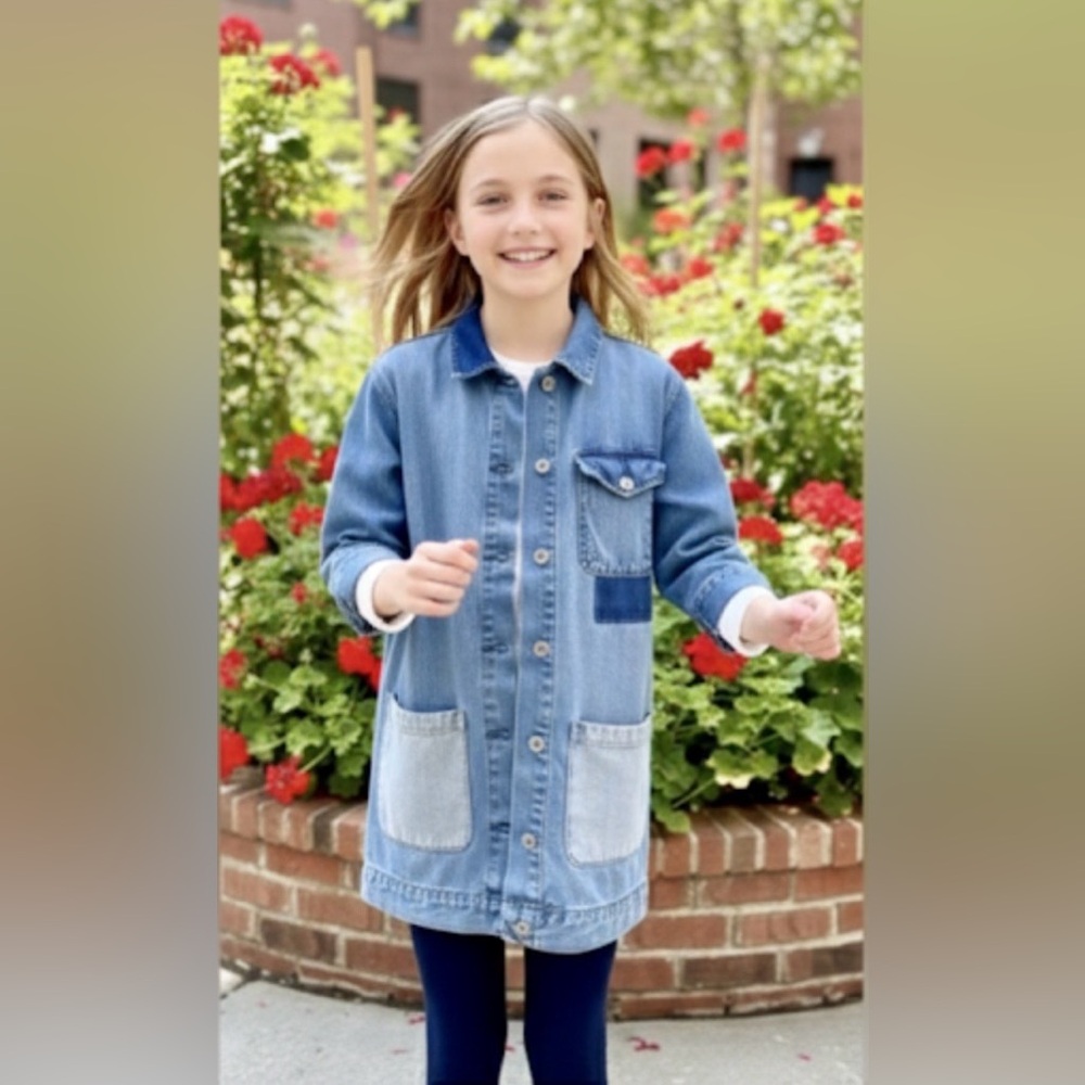 Old Navy Girls XL 14 Heavyweight Denim Chore Coat Patchwork Jacket Shacket